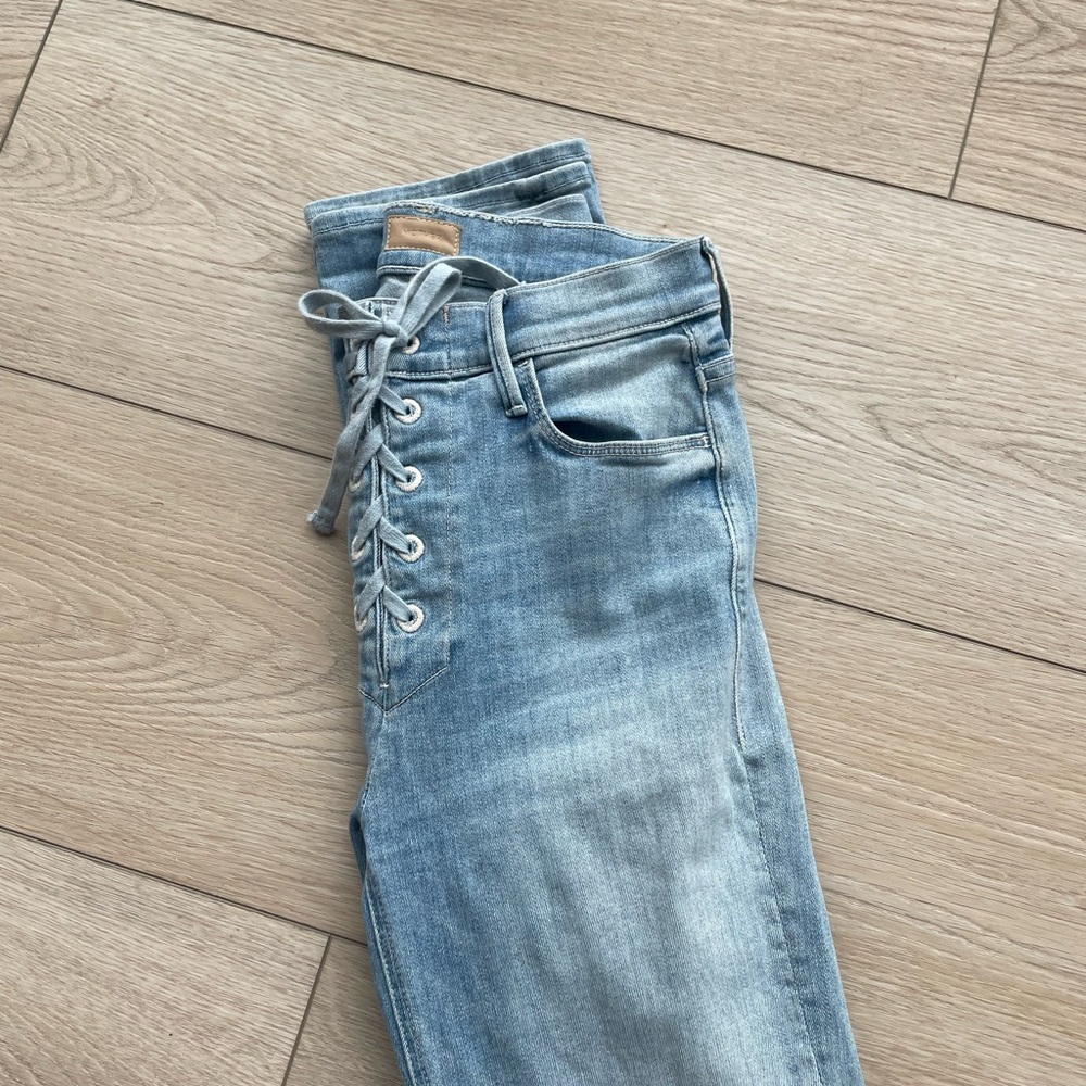 Mother Lace Up Dazzler Straight Leg Blue Jeans